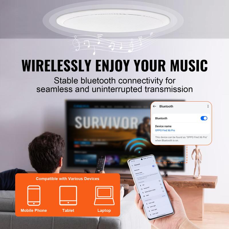 VEVOR 6.5'' Bluetooth in Ceiling Speakers, 150W, Flush Mount Ceiling & in-Wall Speaker System with 8ΩImpedance 89dB Sensitivity, for Home Kitchen Living Room Bedroom or Covered Outdoor Porches, Single Audio Crystal - 2